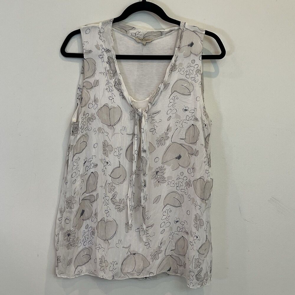 Via Signoria Women's Blouse Sleeveless Tie Floral Lined Beige L